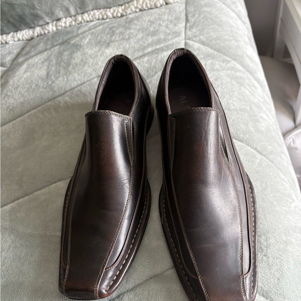 Aldo Brown Leather Slip-On Loafers with Square Toe